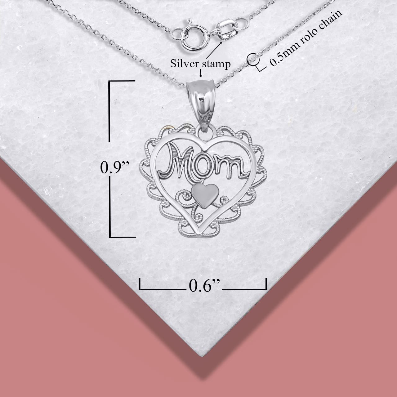 Sterling Silver Filigree Mom Heart Milgrain Pendant Necklace, view 3