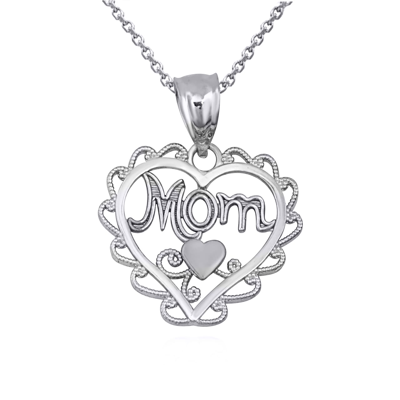 Sterling Silver Filigree Mom Heart Milgrain Pendant Necklace, view 4