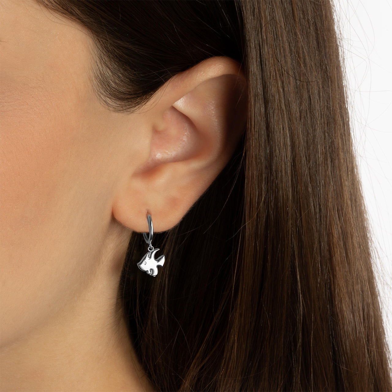 Sterling Silver Fish Drop Huggie Hoop Earrings, view 2