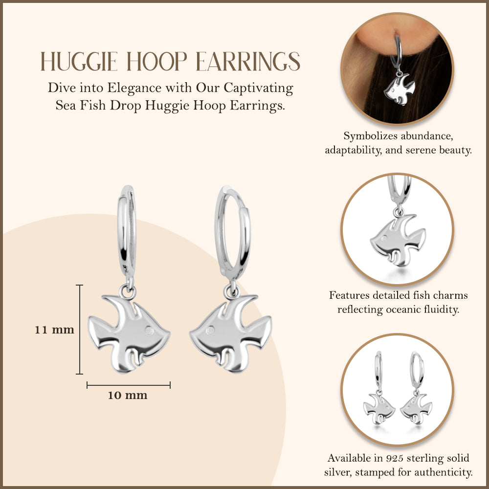 Sterling Silver Fish Drop Huggie Hoop Earrings, view 3
