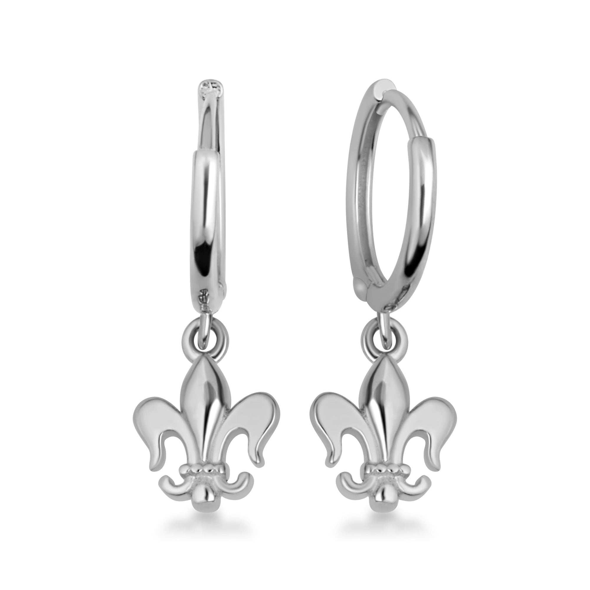Sterling Silver Fleur-de-Lis French Drop Huggie Hoop Earrings