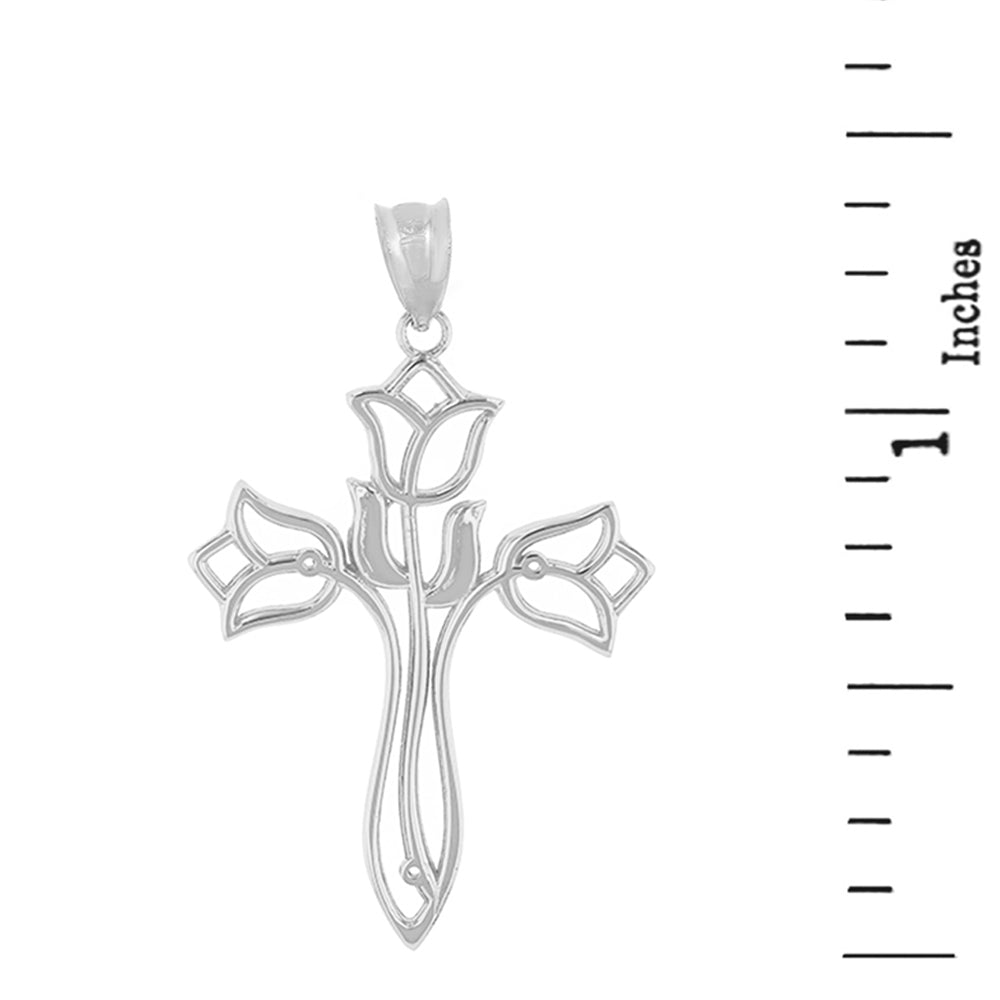Sterling Silver Floral Tulip Cross Filigree Pendant Necklace, view 2
