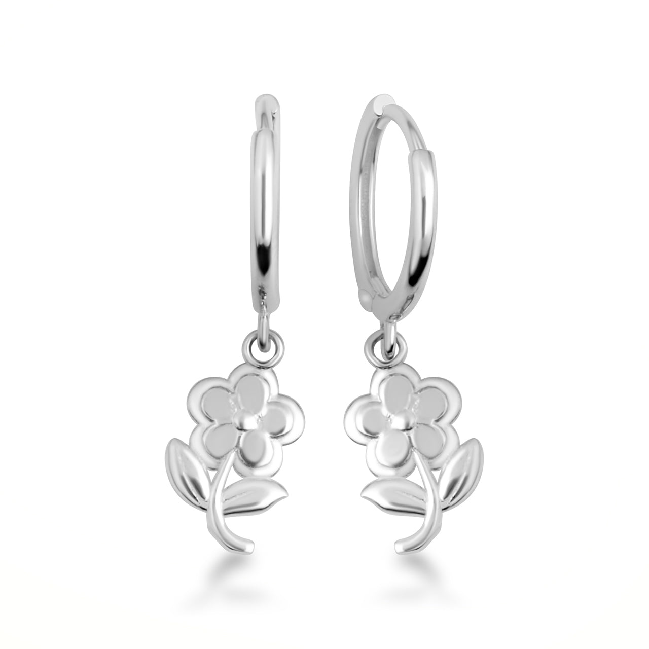Sterling Silver Flower Daisy Drop Huggie Hoop Earrings