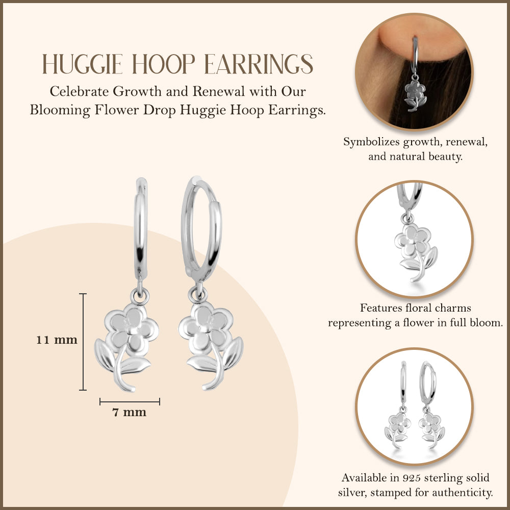 Sterling Silver Flower Daisy Drop Huggie Hoop Earrings, view 3