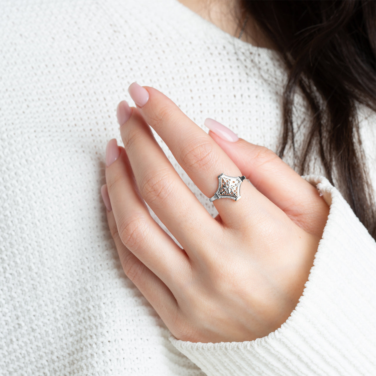 Sterling Silver Flower Filigree Statement Ring, view 2