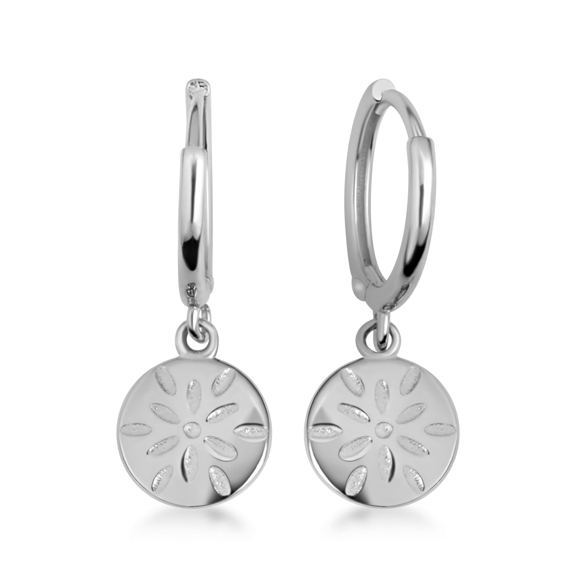 Sterling Silver Flower Textured Diamond Cut Round Drop Huggie Hoop Earrings