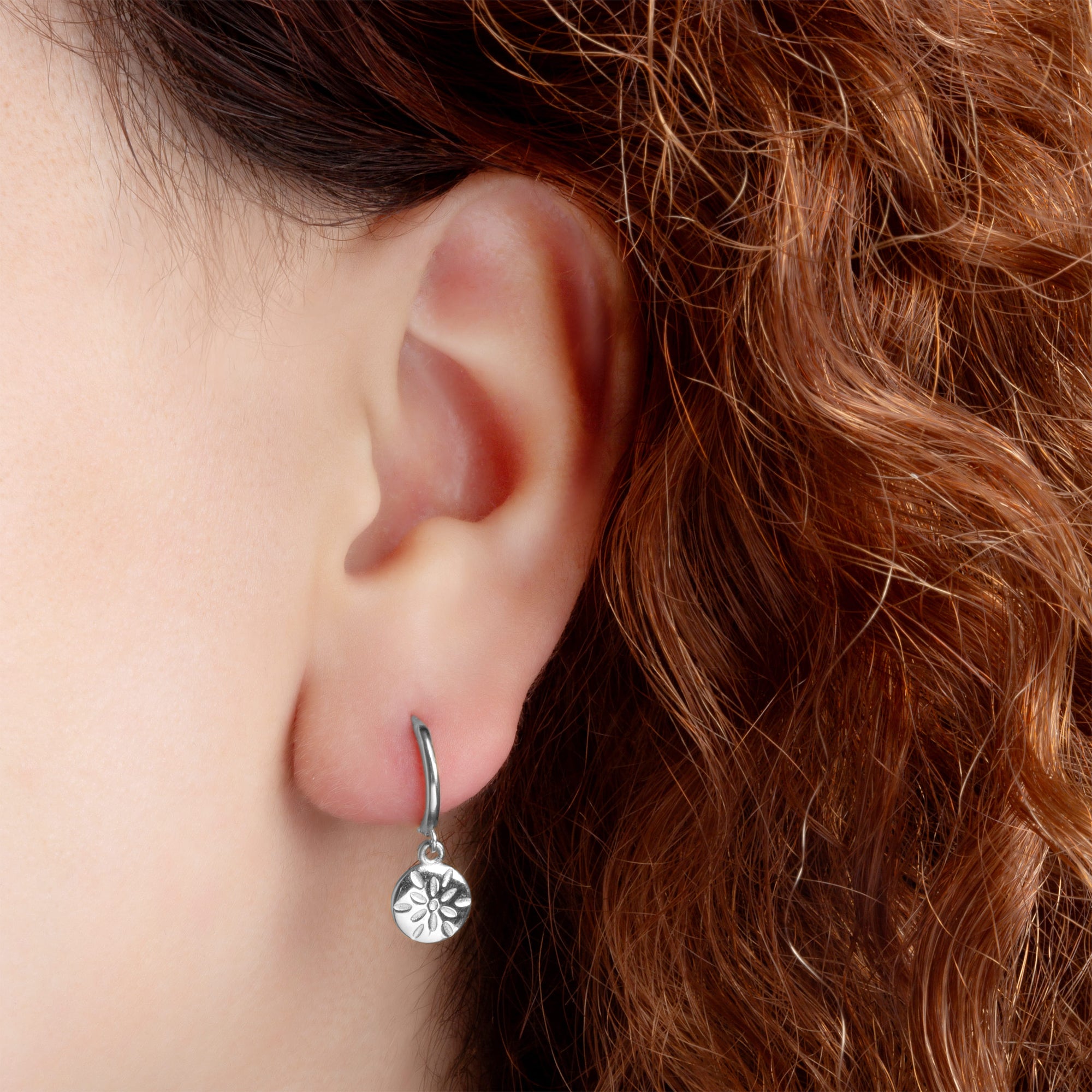 Sterling Silver Flower Textured Diamond Cut Round Drop Huggie Hoop Earrings, view 2