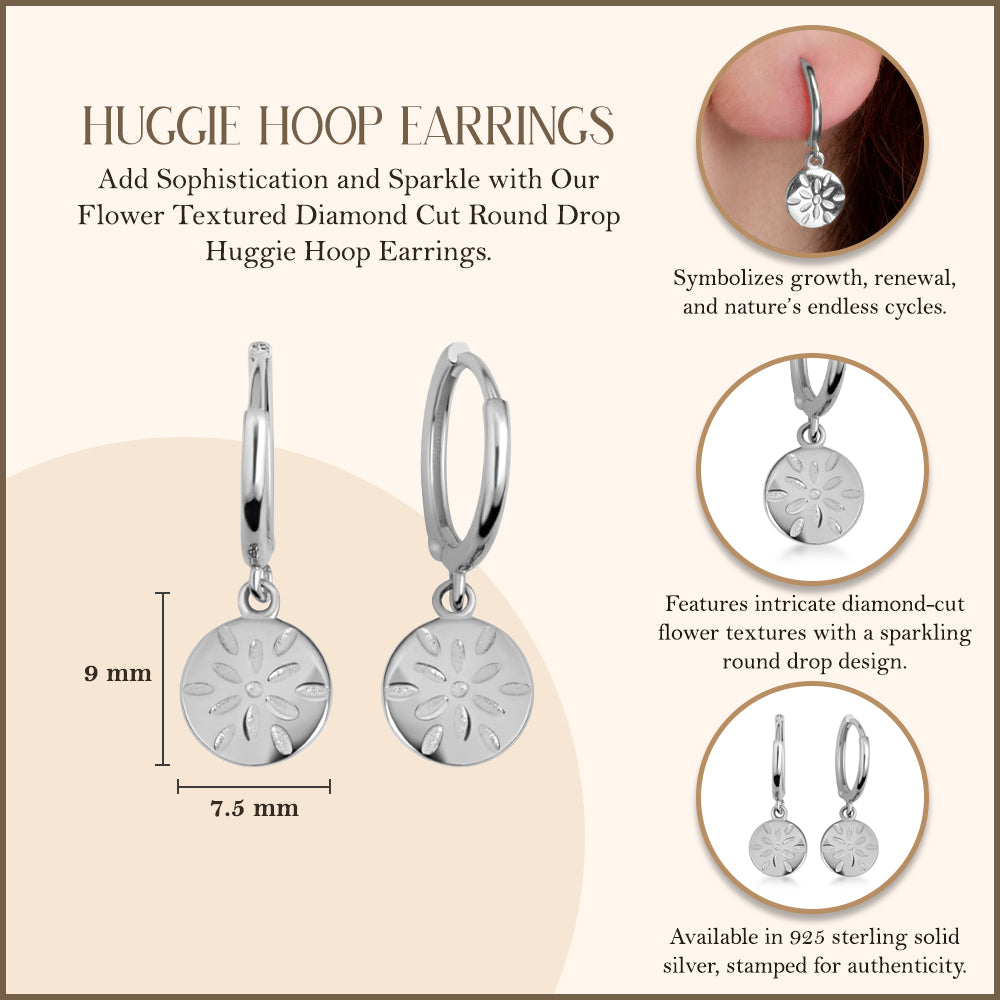 Sterling Silver Flower Textured Diamond Cut Round Drop Huggie Hoop Earrings, view 3