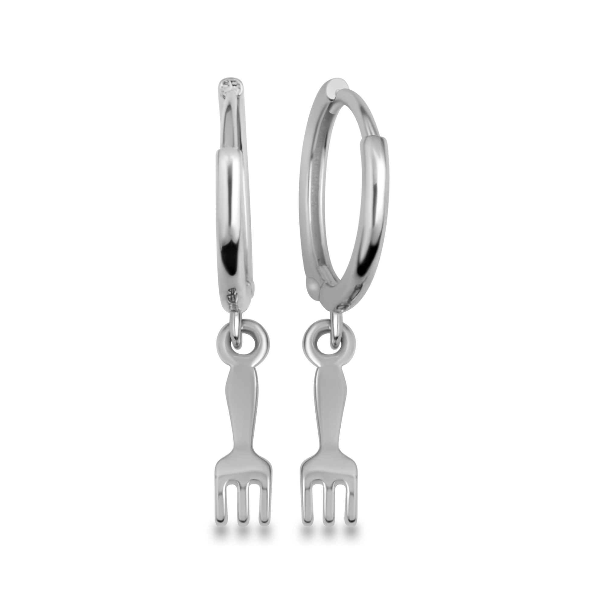 Sterling Silver Fork Food Drop Huggie Hoop Earrings