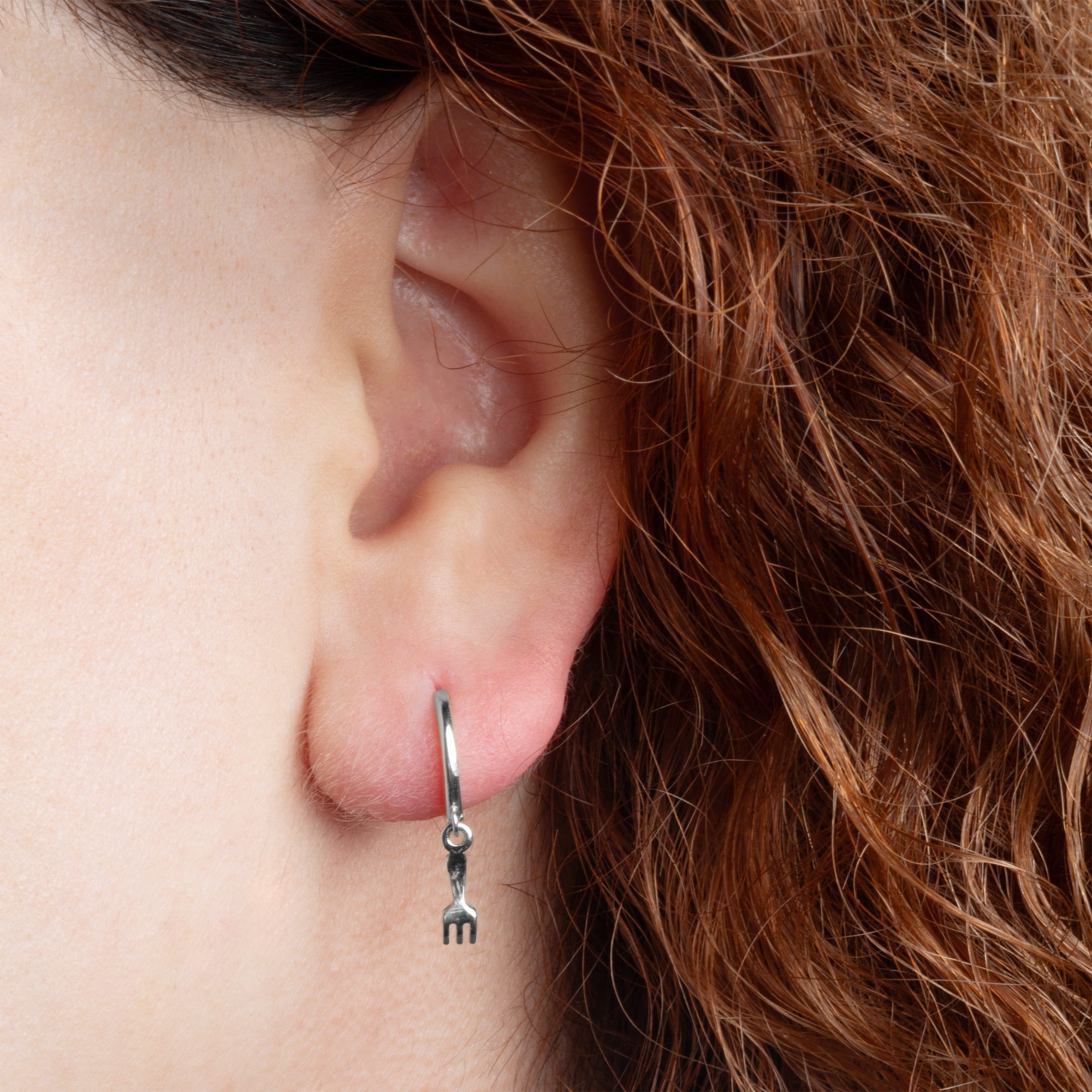 Sterling Silver Fork Food Drop Huggie Hoop Earrings, view 2