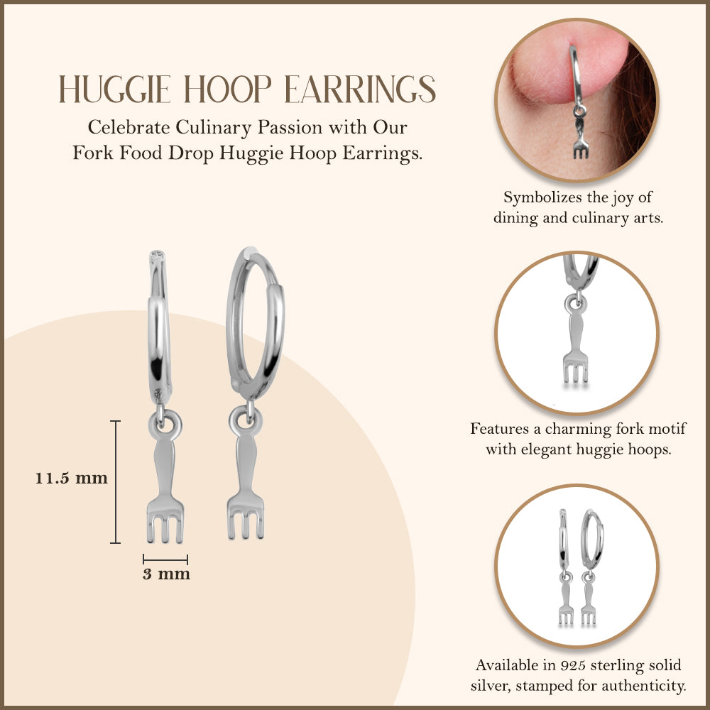Sterling Silver Fork Food Drop Huggie Hoop Earrings, view 3