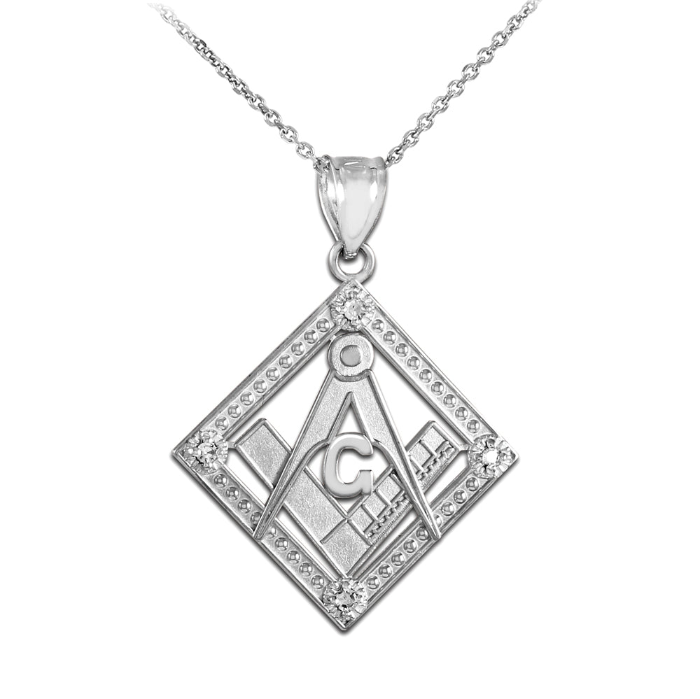 Sterling Silver Freemason CZ Square & Compass Diamond Shaped Pendant Necklace