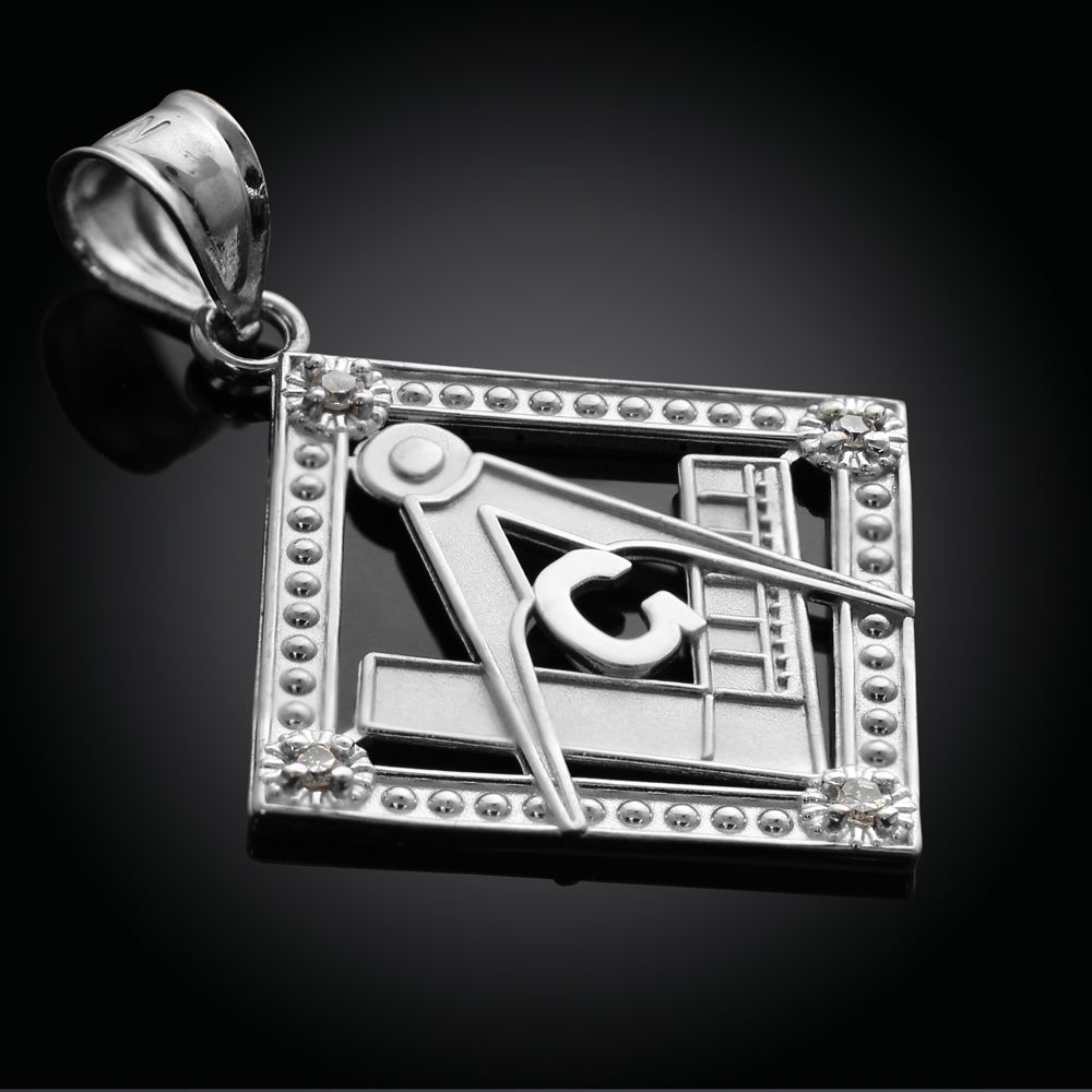 Sterling Silver Freemason CZ Square & Compass Diamond Shaped Pendant Necklace, view 2