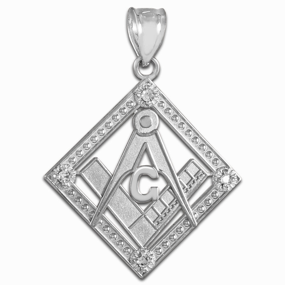 Sterling Silver Freemason CZ Square & Compass Diamond Shaped Pendant Necklace, view 3
