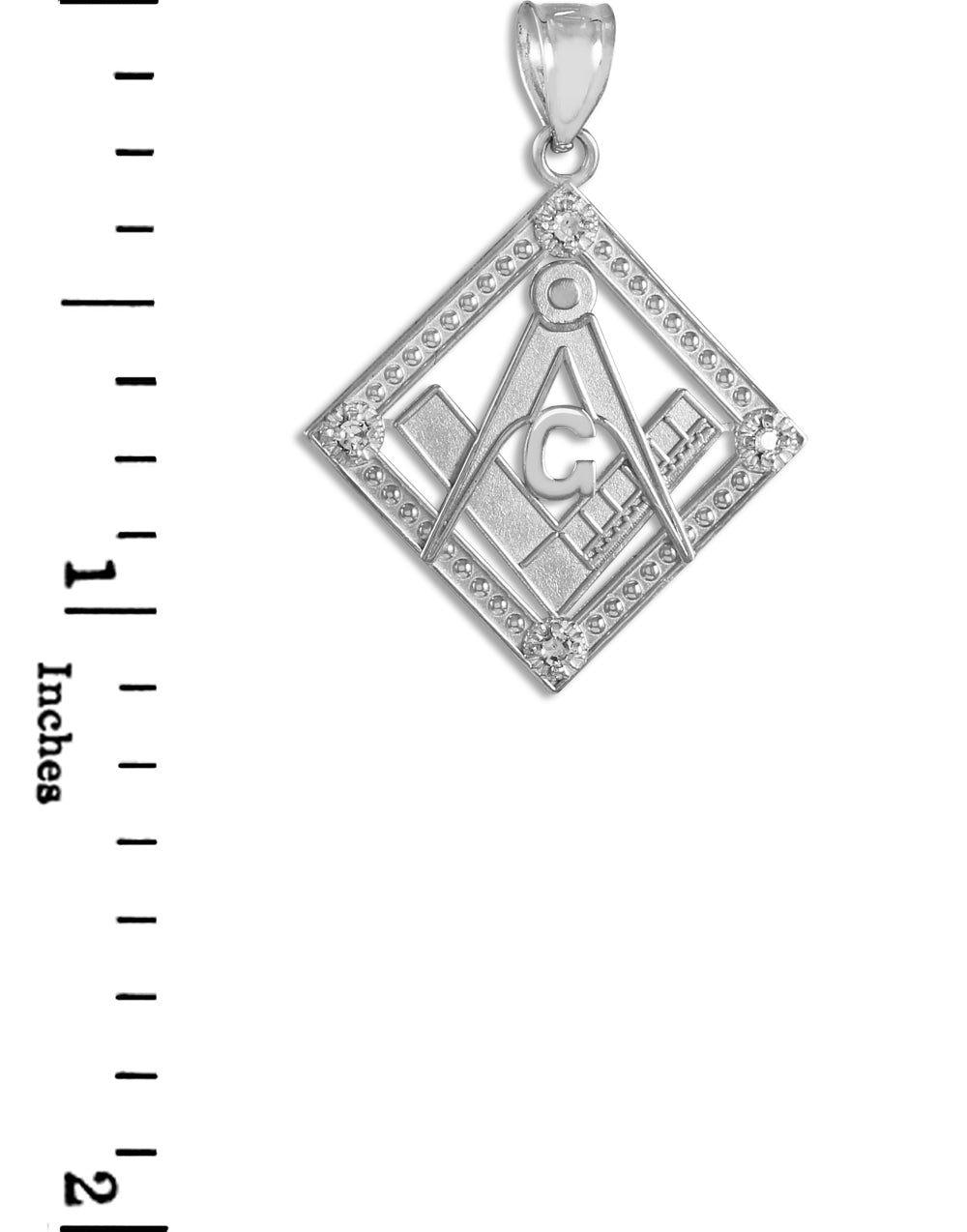 Sterling Silver Freemason CZ Square & Compass Diamond Shaped Pendant Necklace, view 4