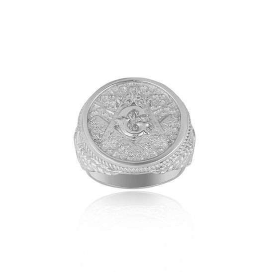 Sterling Silver Freemason Square & Compass All Seeing Eye Rope Signet Ring