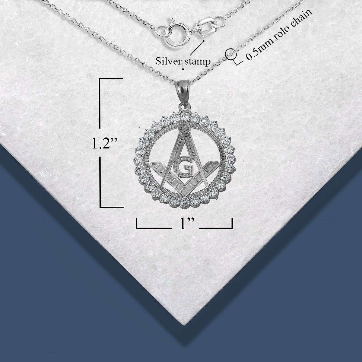 Sterling Silver Freemason Square & Compass CZ Circle Pendant Necklace, view 3