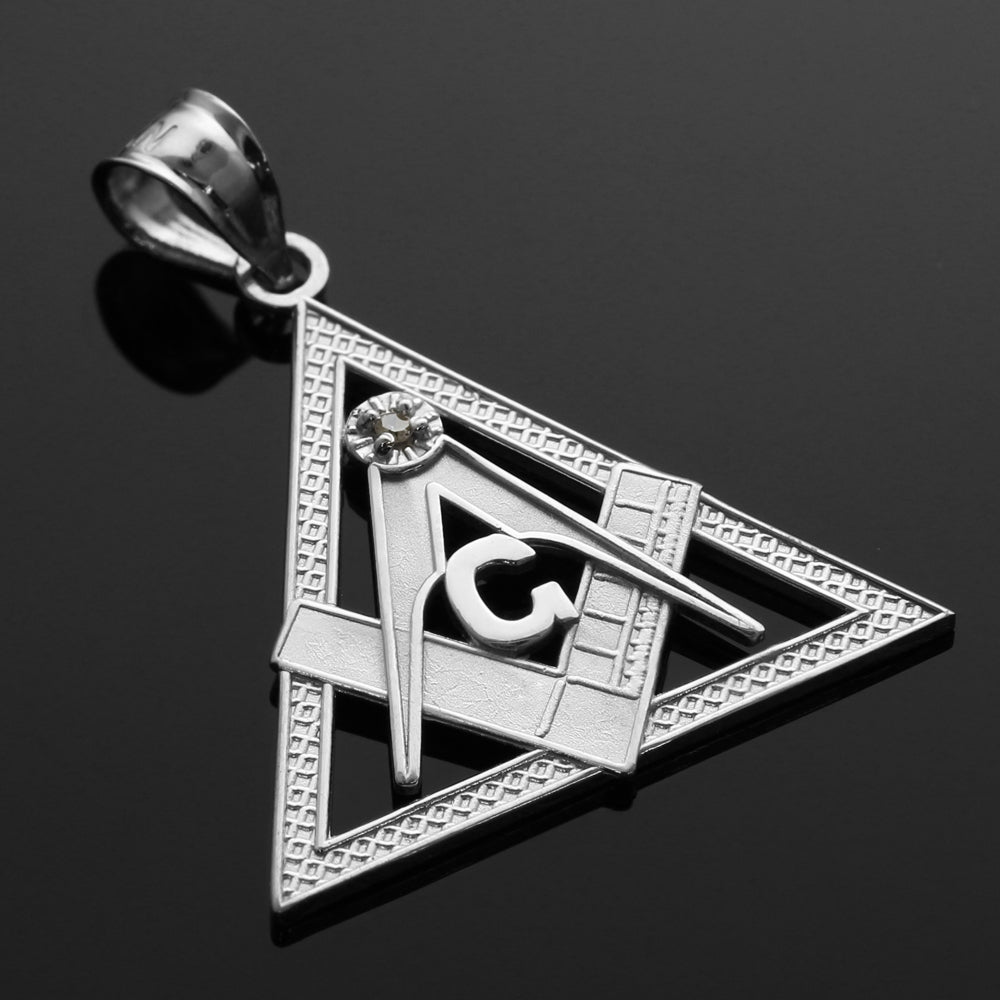 Sterling Silver Freemason Square & Compass CZ Eye Of Providence Triangle Pendant Necklace, view 2