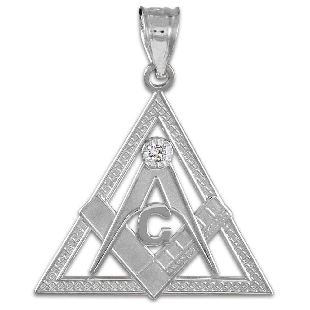 Sterling Silver Freemason Square & Compass CZ Eye Of Providence Triangle Pendant Necklace, view 3