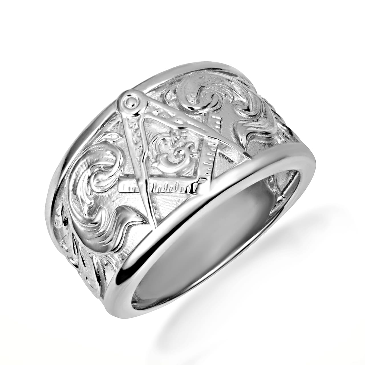 Sterling Silver Freemason Square & Compass Filigree Band Ring