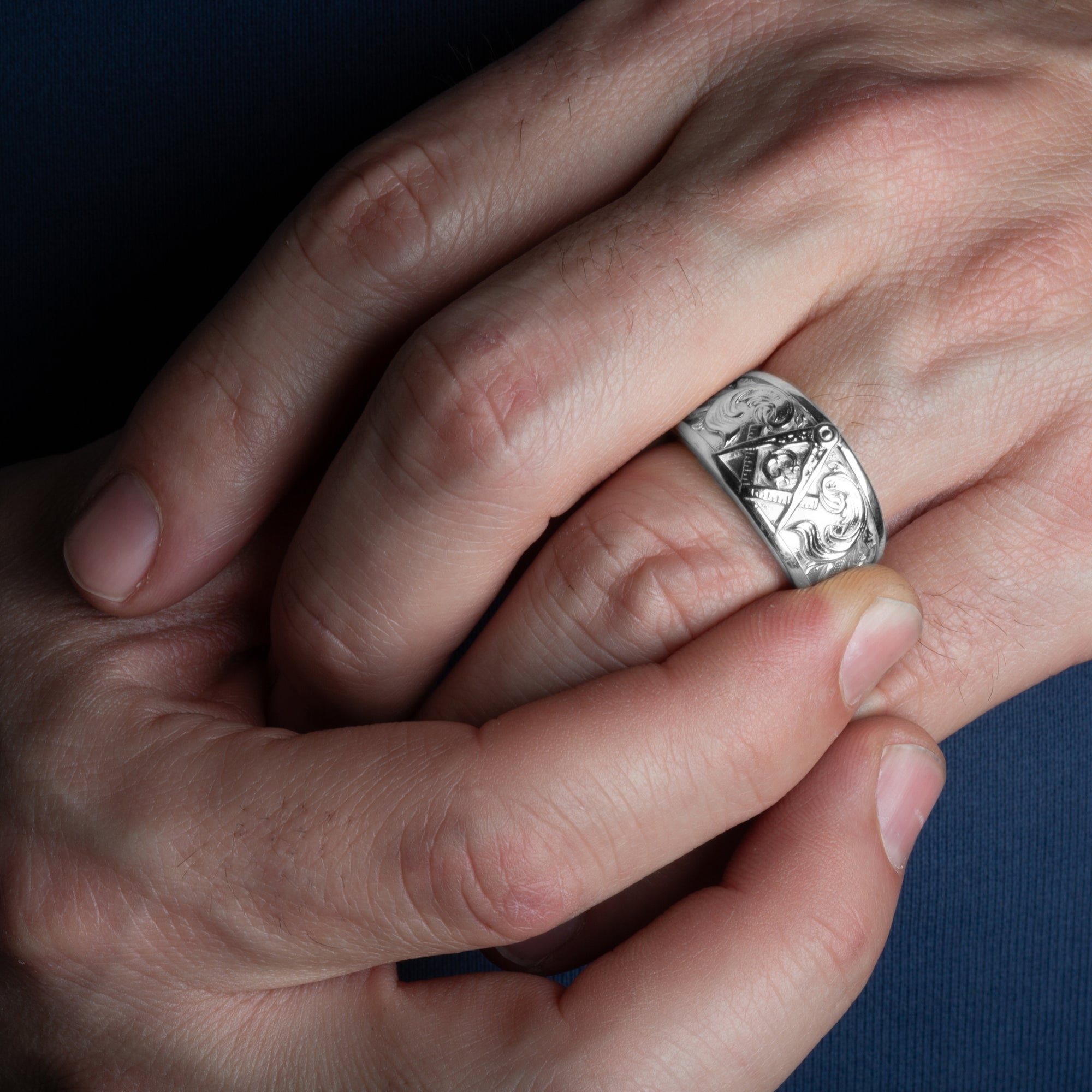 Sterling Silver Freemason Square & Compass Filigree Band Ring, view 2