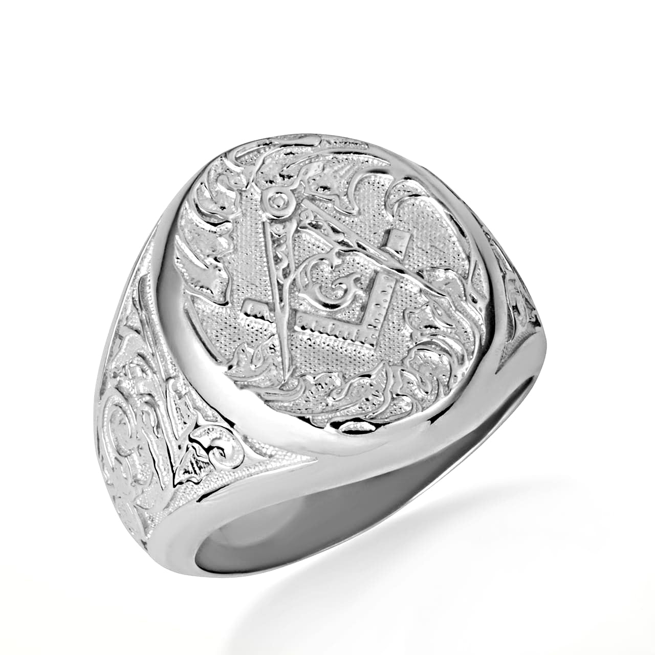 Sterling Silver Freemason Square & Compass Filigree Oval Signet Ring