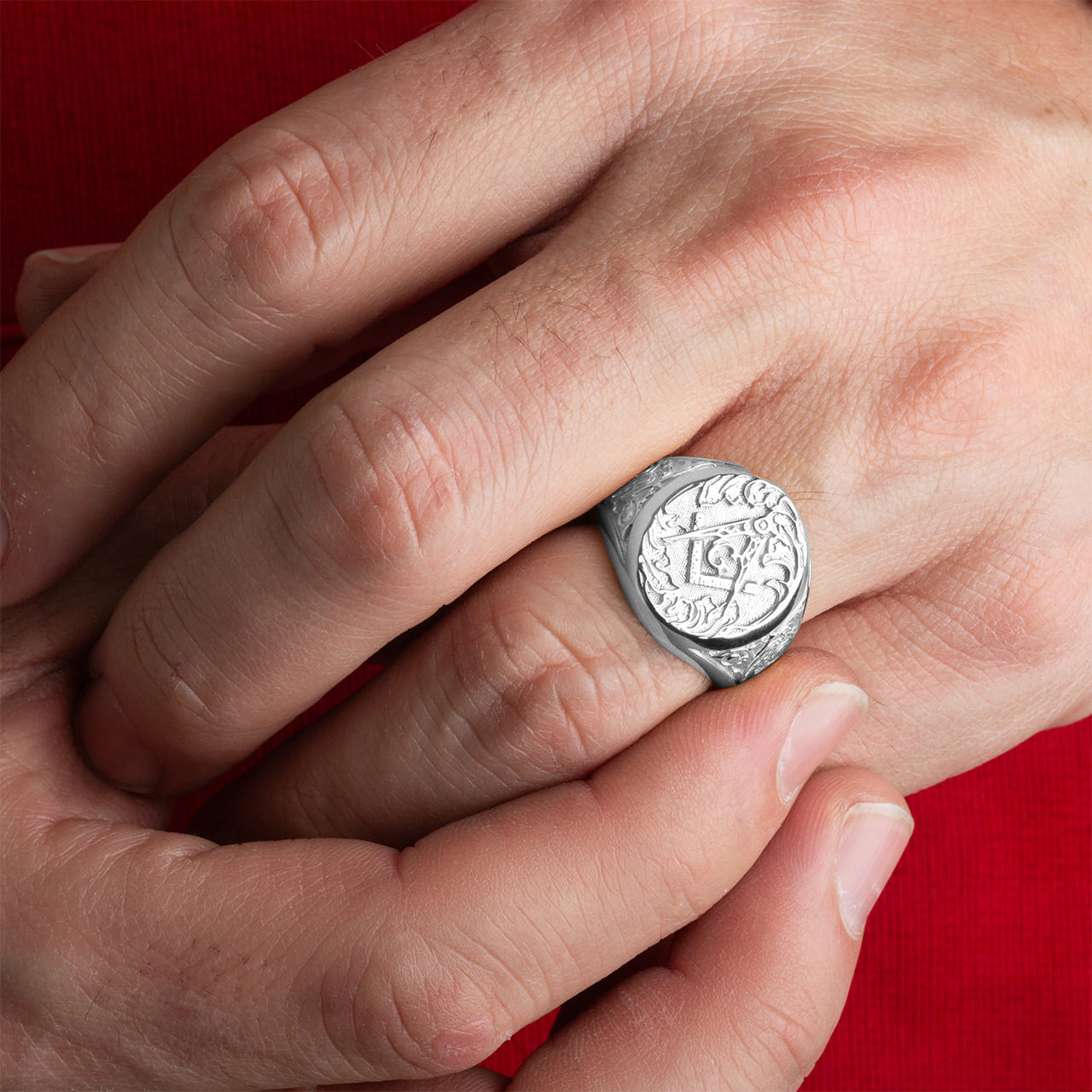 Sterling Silver Freemason Square & Compass Filigree Oval Signet Ring, view 2