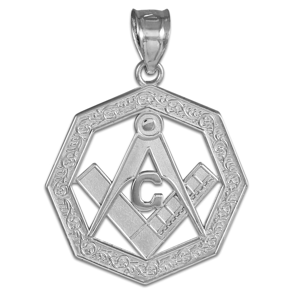 Sterling Silver Freemason Square & Compass Octagon Shaped Pendant Necklace