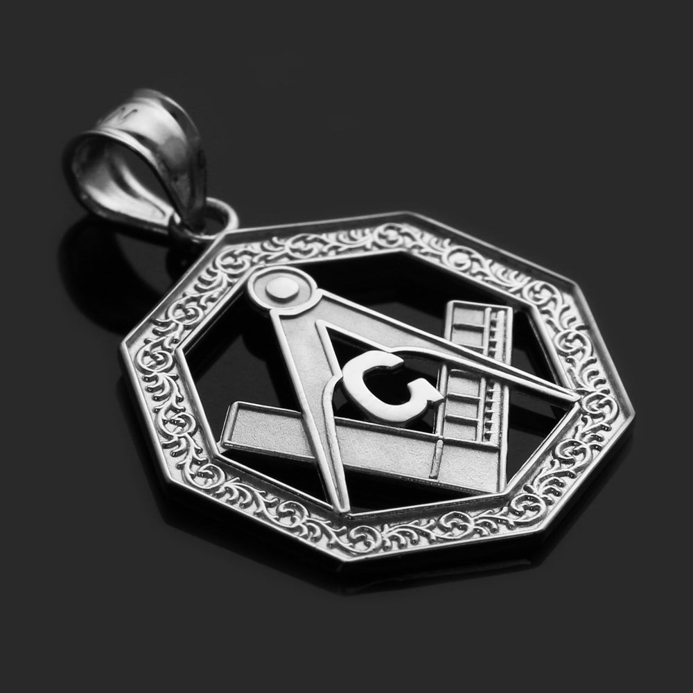 Sterling Silver Freemason Square & Compass Octagon Shaped Pendant Necklace, view 2