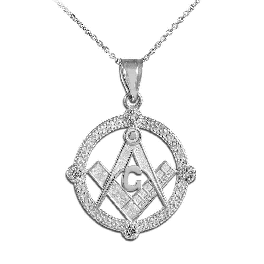 Sterling Silver Freemason Square & Compass Round Beaded Pendant Necklace