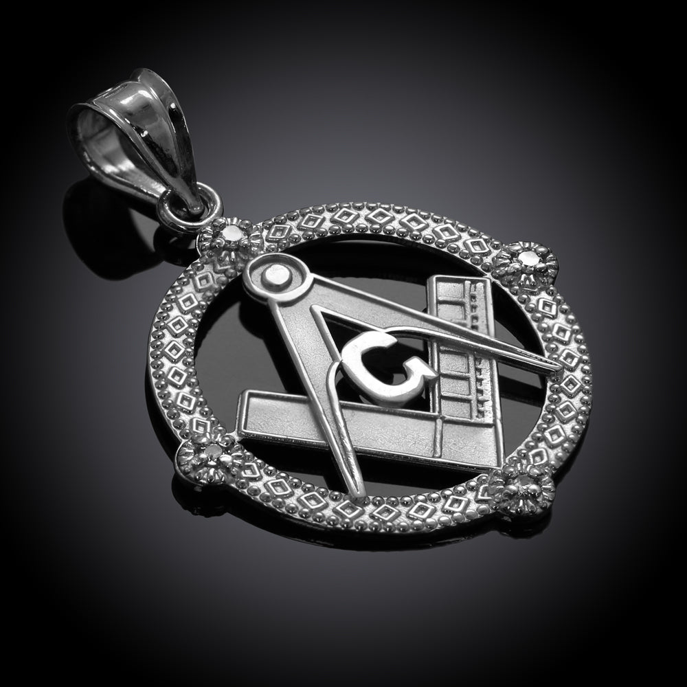 Sterling Silver Freemason Square & Compass Round Beaded Pendant Necklace, view 2