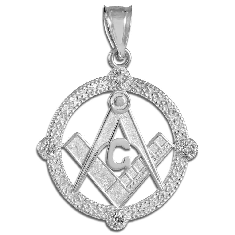 Sterling Silver Freemason Square & Compass Round Beaded Pendant Necklace, view 3