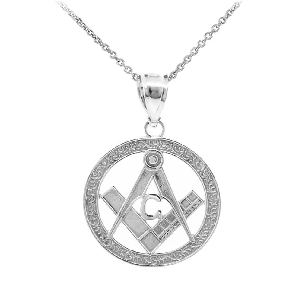Sterling Silver Freemason Square & Compass Round Filigree Pendant Necklace (1")