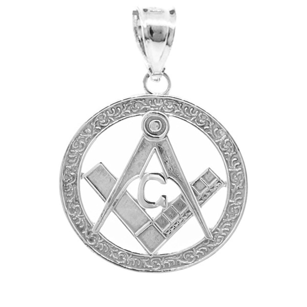 Sterling Silver Freemason Square & Compass Round Filigree Pendant Necklace (1"), view 2