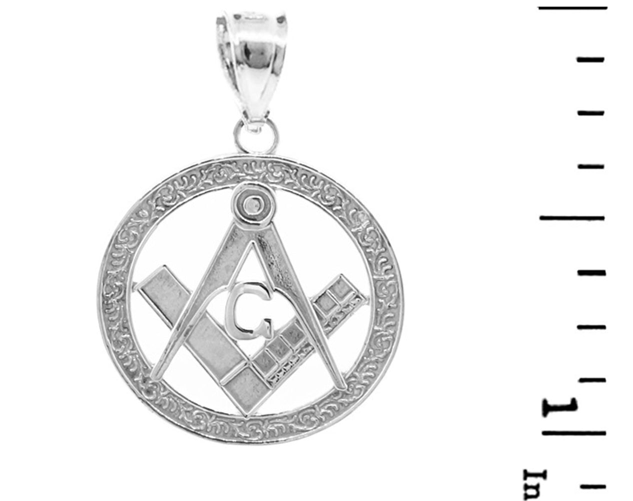 Sterling Silver Freemason Square & Compass Round Filigree Pendant Necklace (1"), view 3