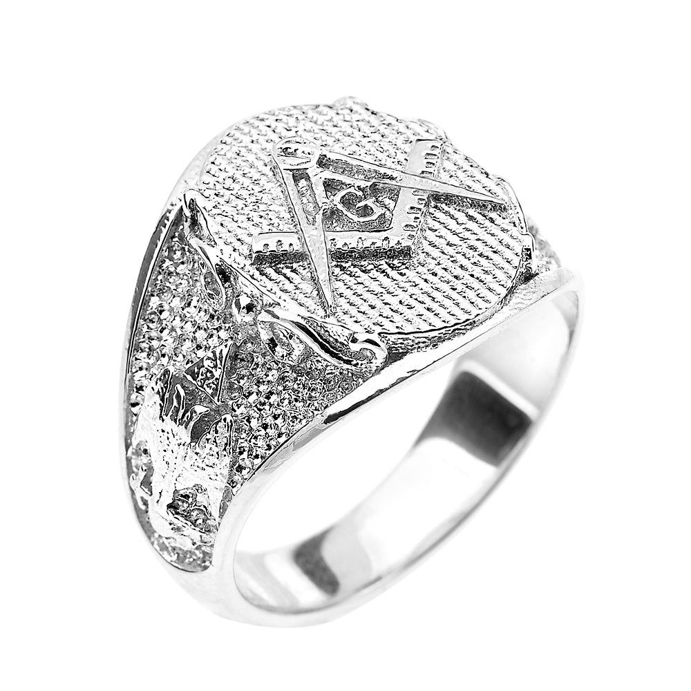 Sterling Silver Freemason Square & Compass Scottish Rite Men's Beaded Signet Ring