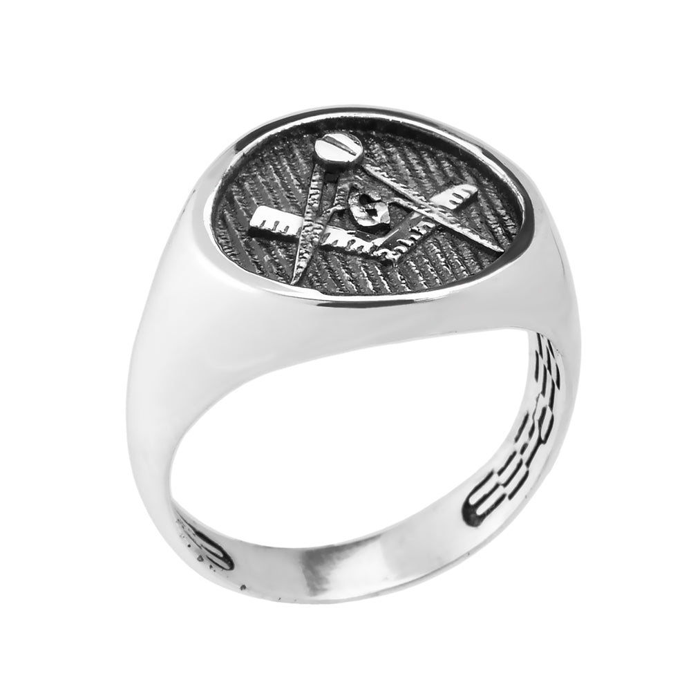 Sterling Silver Freemason Square & Compass Signet Ring — Width: 0.01