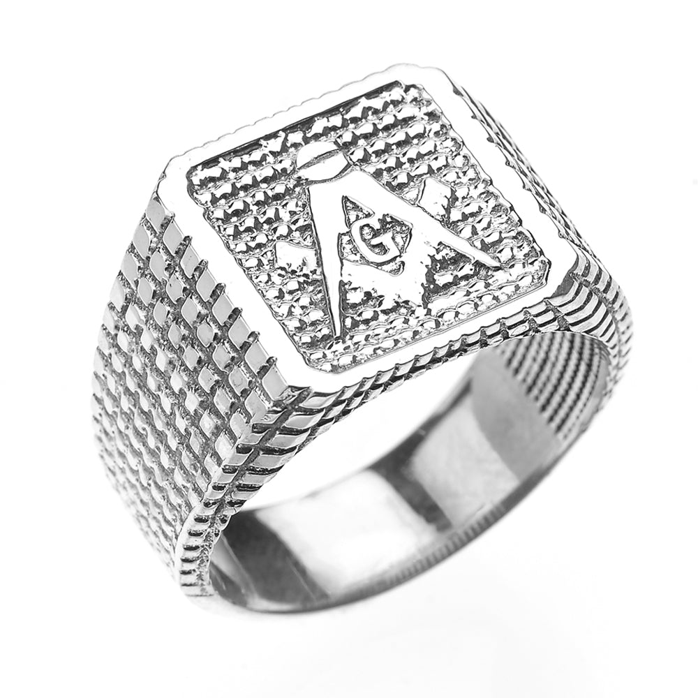 Sterling Silver Freemason Square & Compass Square Beaded Men's Signet Ring