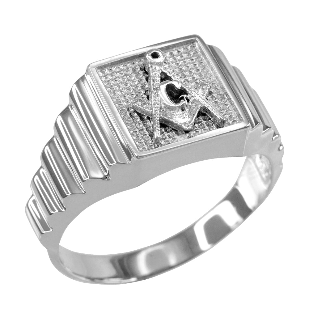 Sterling Silver Freemason Square & Compass Textured Men's Signet Ring