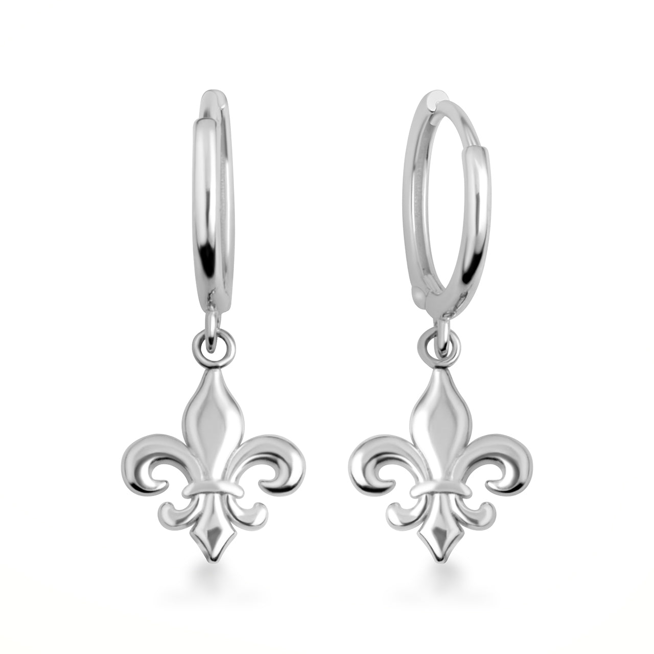 Sterling Silver French Fleur-de-Lis Drop Huggie Hoop Earrings