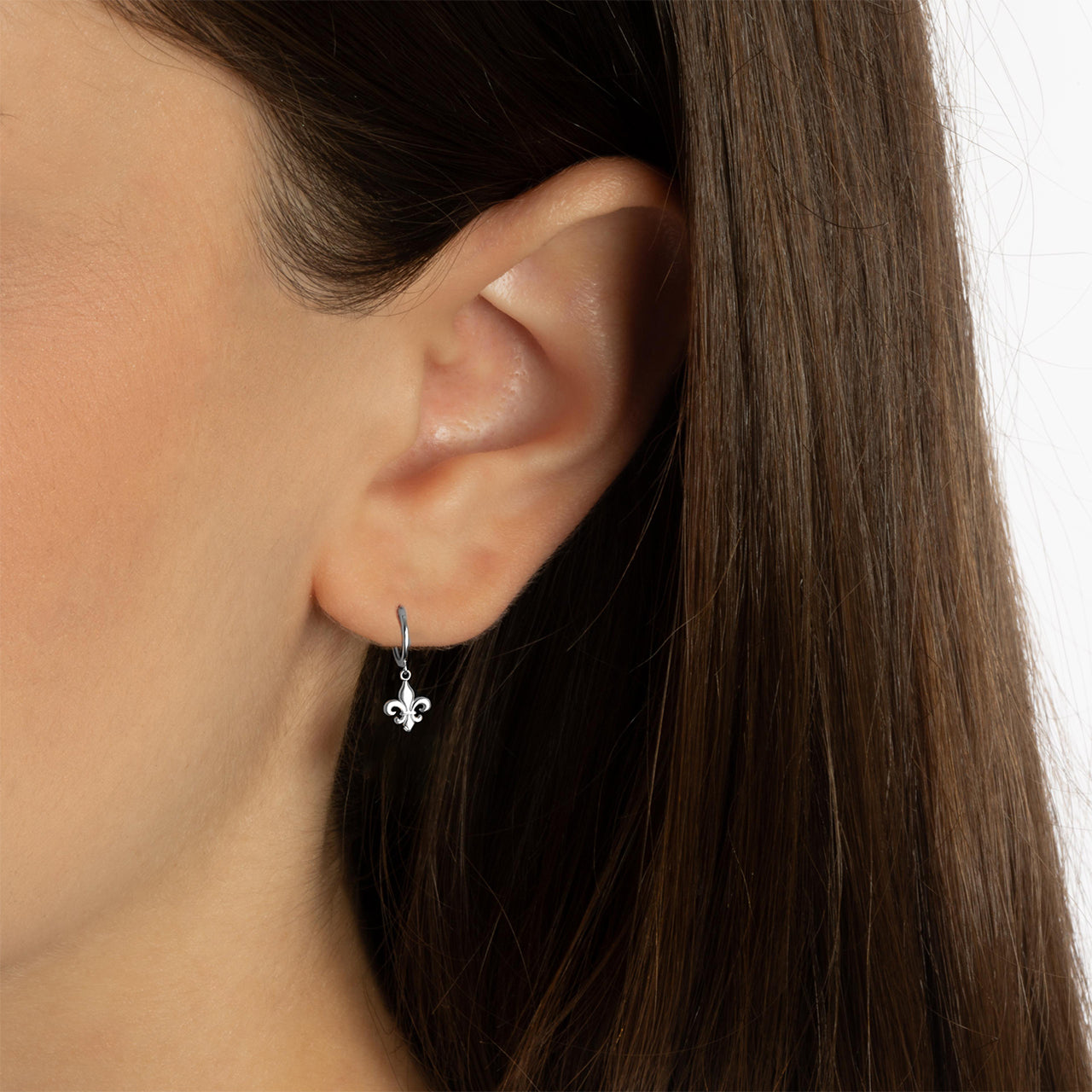 Sterling Silver French Fleur-de-Lis Drop Huggie Hoop Earrings, view 2