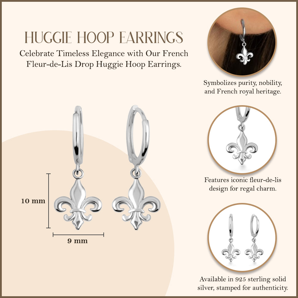 Sterling Silver French Fleur-de-Lis Drop Huggie Hoop Earrings, view 3