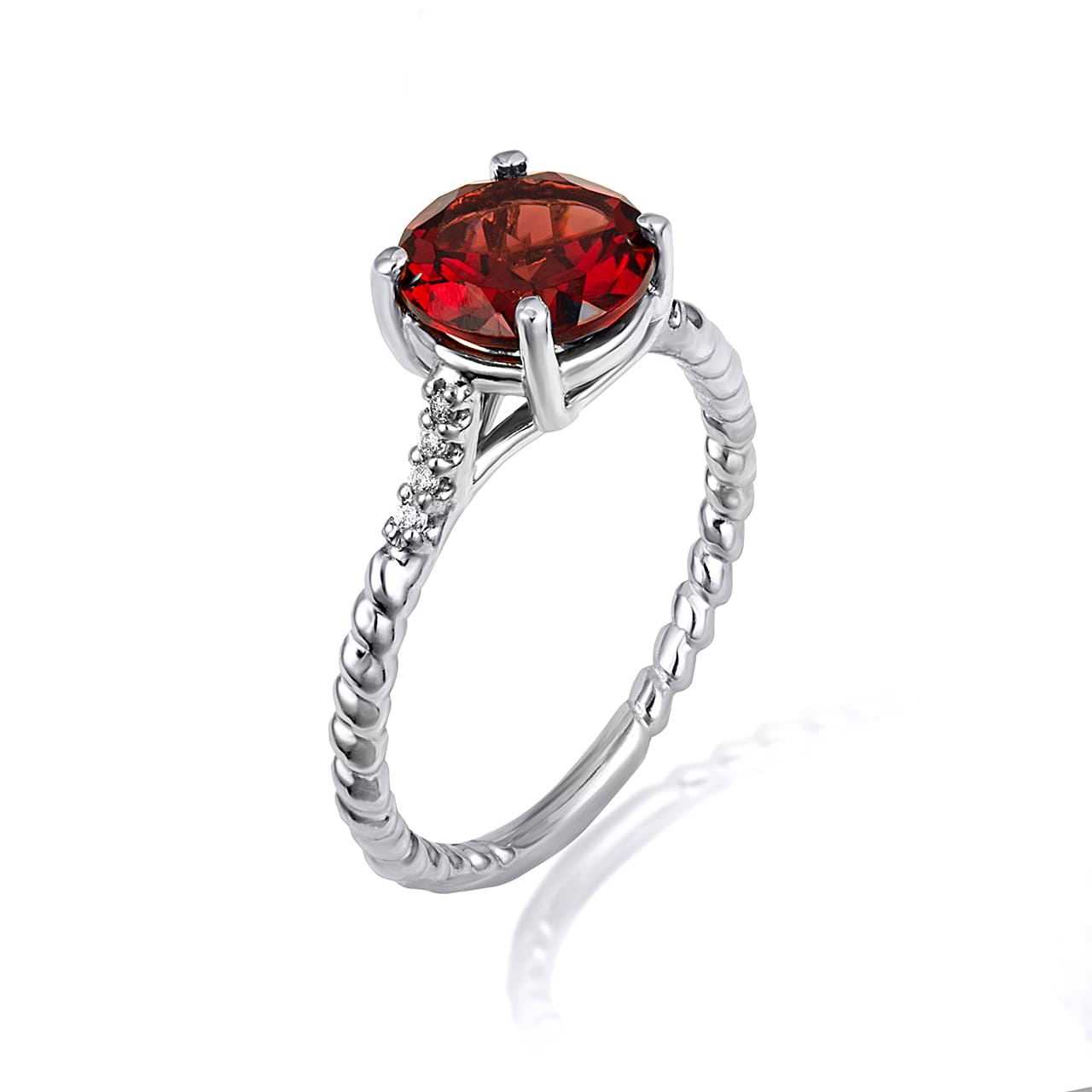 Sterling Silver Gemstone Ribbed Band CZ Ring, view 4