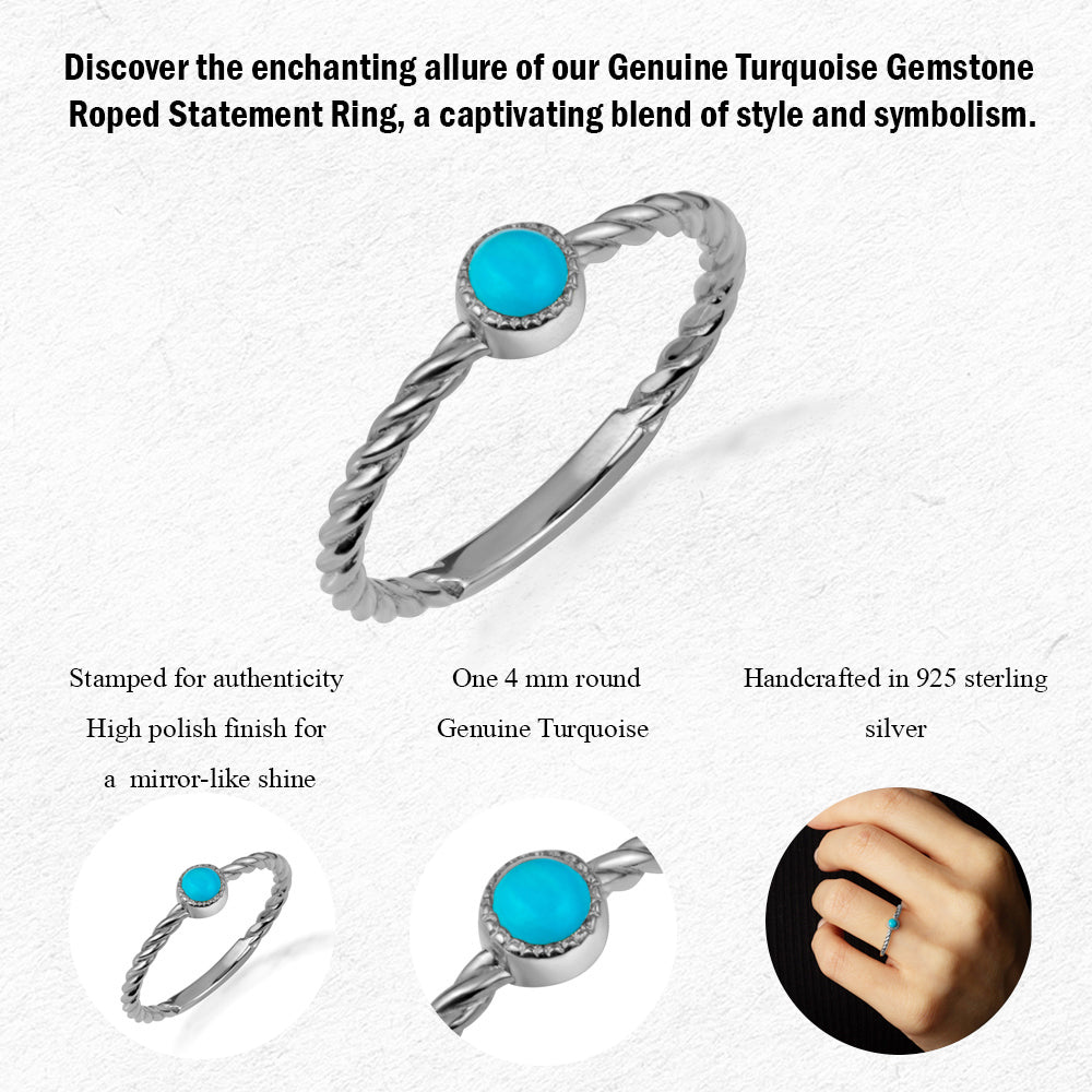 Sterling Silver Genuine Turquoise Gemstone Rope Statement Ring, view 3