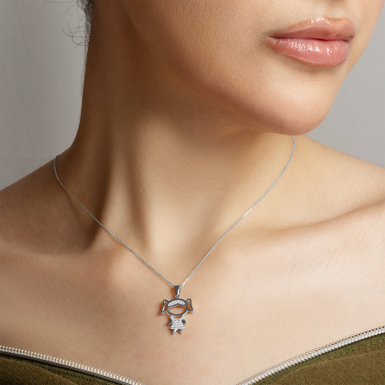 Sterling Silver Girl Silhouette Studded Pendant Necklace, view 2