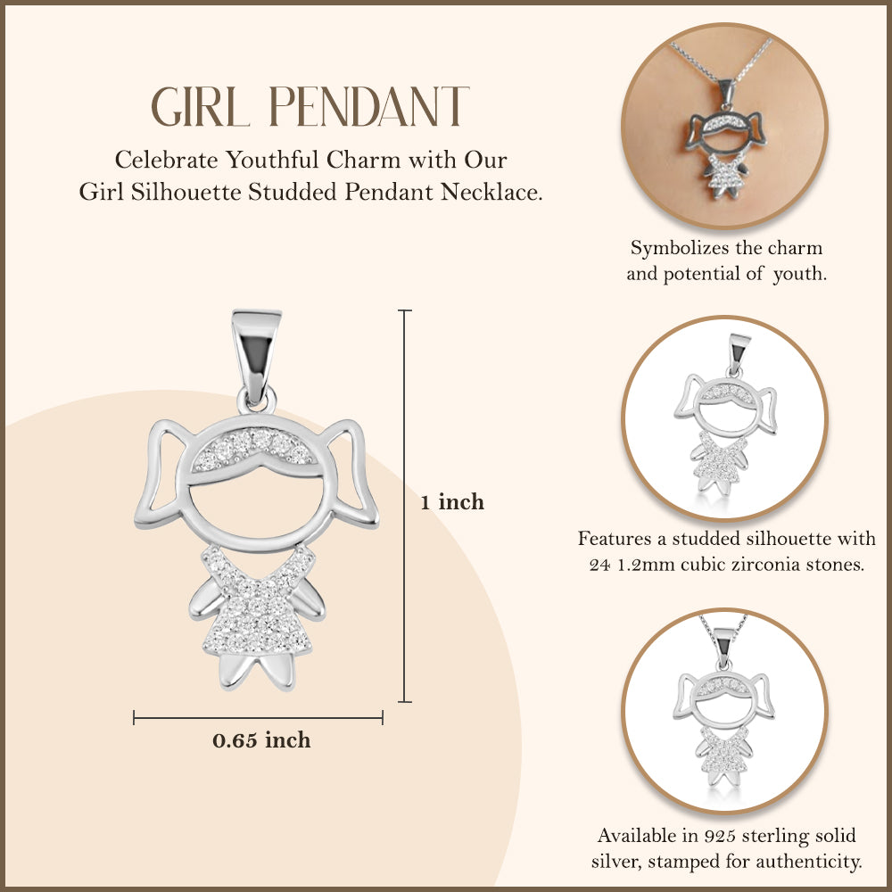 Sterling Silver Girl Silhouette Studded Pendant Necklace, view 3