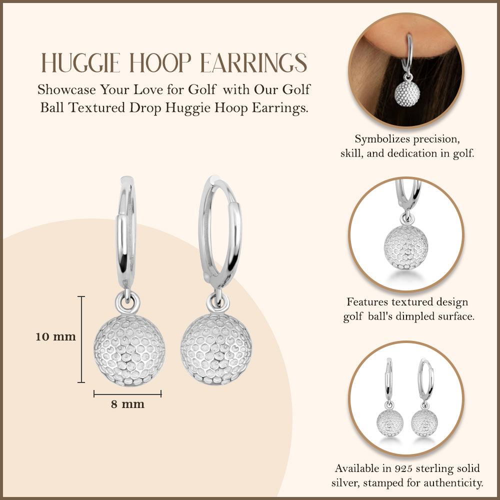Sterling Silver Golf Ball Textured Drop Huggie Earrings, view 3