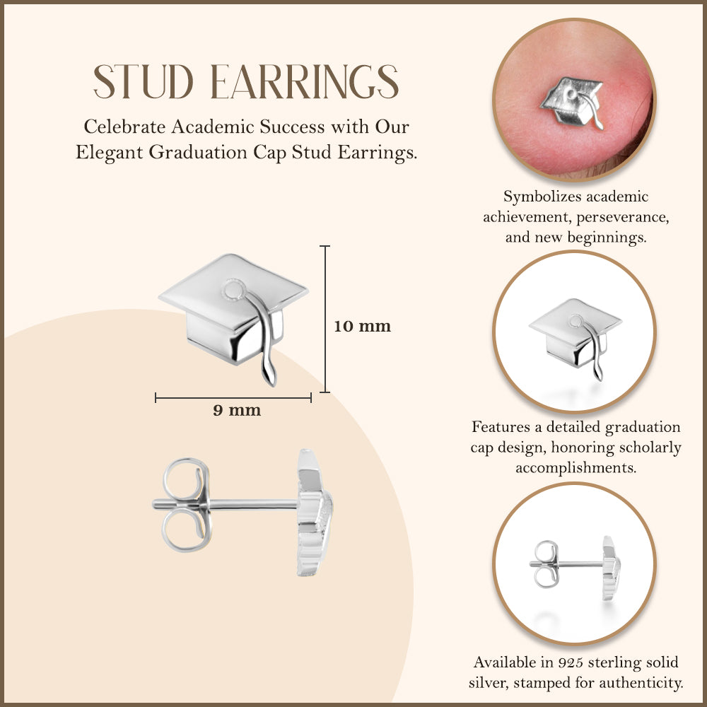 Sterling Silver Graduation Cap Stud Earrings, view 3