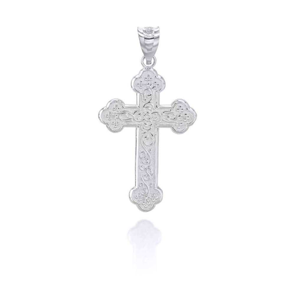 Sterling Silver Greek Orthodox Floral Rose Cross Pendant Necklace