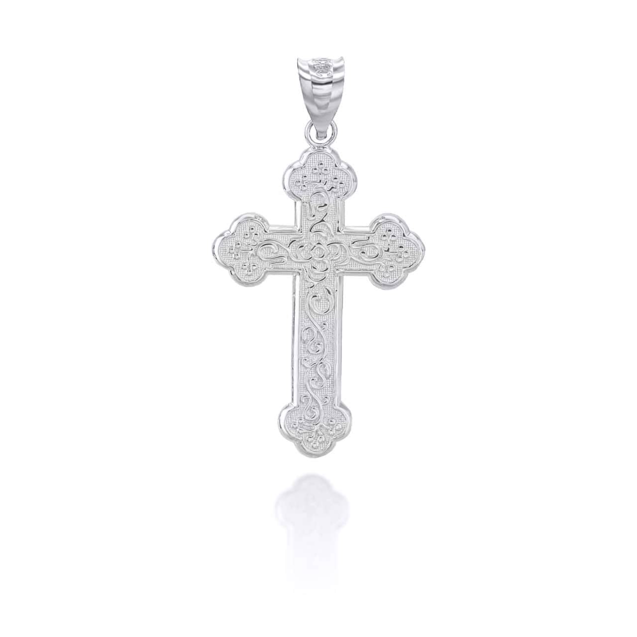 Sterling Silver Greek Orthodox Floral Rose Cross Pendant Necklace